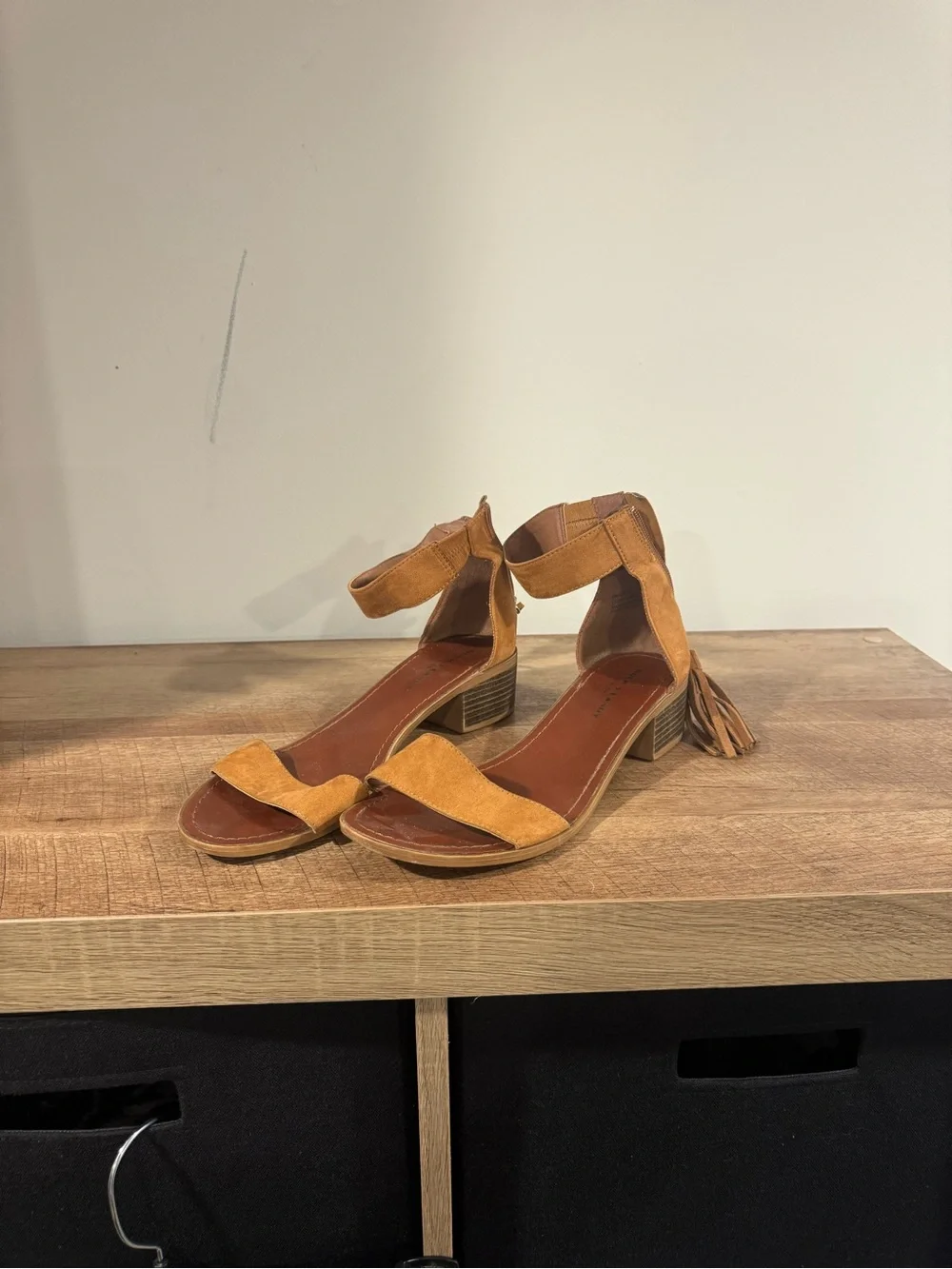Rock & Candy Suede Tassel Ankle-Strap Sandals in Tan